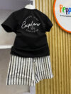 Black Explorer Graphic T-Shirt with Striped Shorts Set