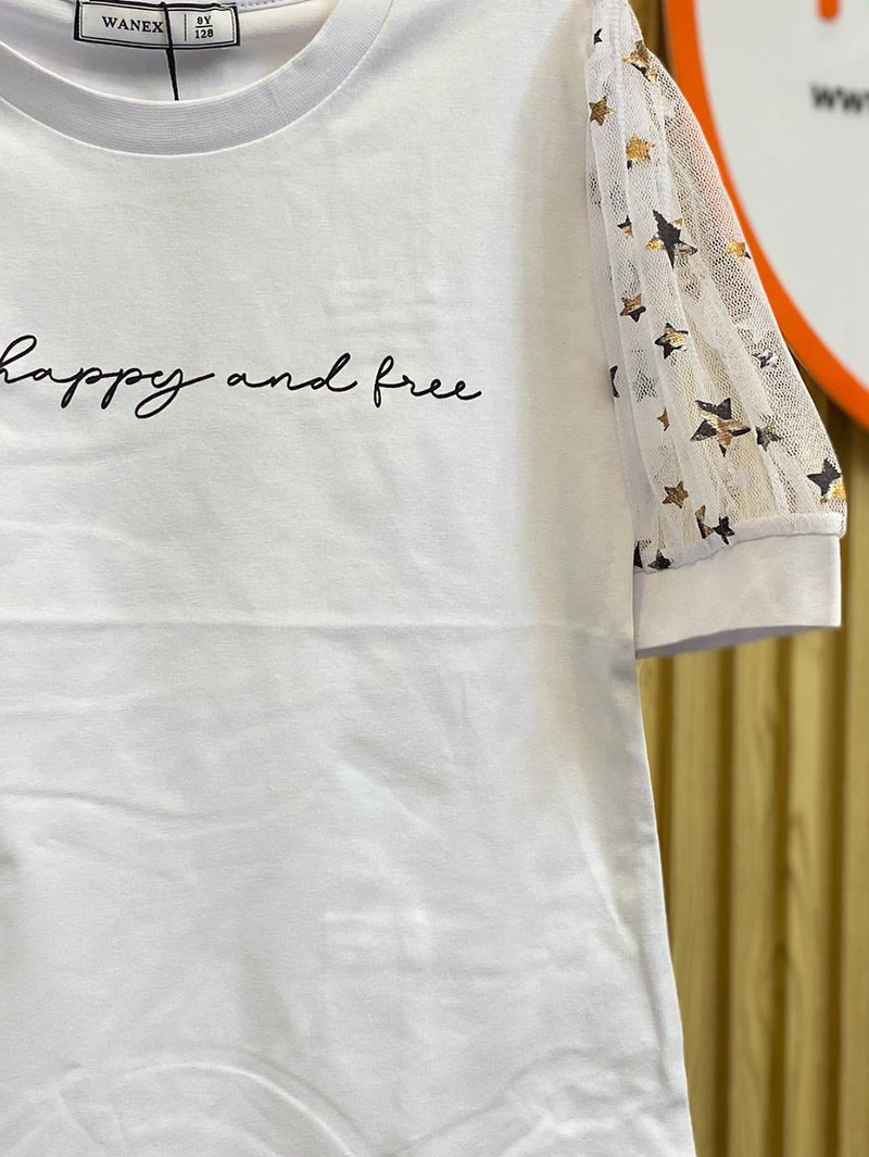 White "Happy and Free" T-Shirt with Star Mesh Sleeves - Image 3