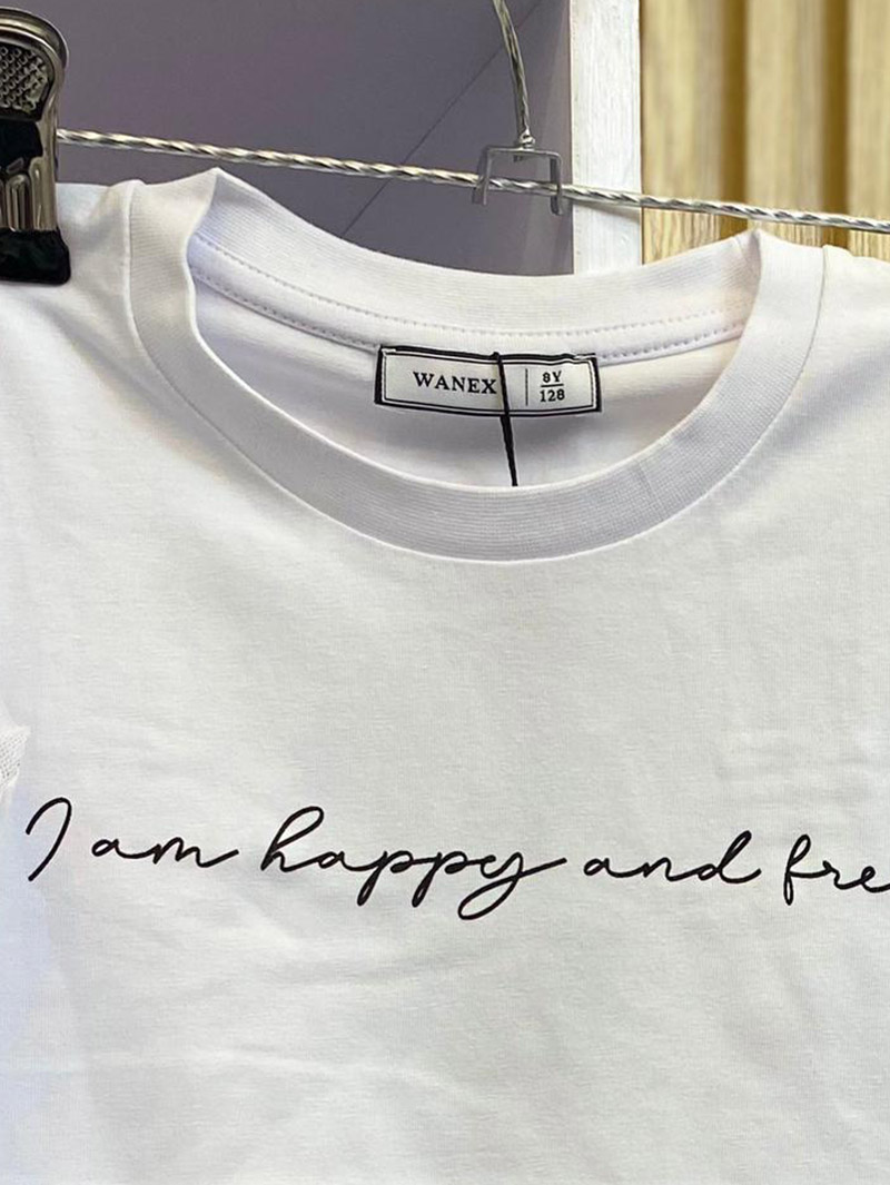 White "Happy and Free" T-Shirt with Star Mesh Sleeves - Image 2