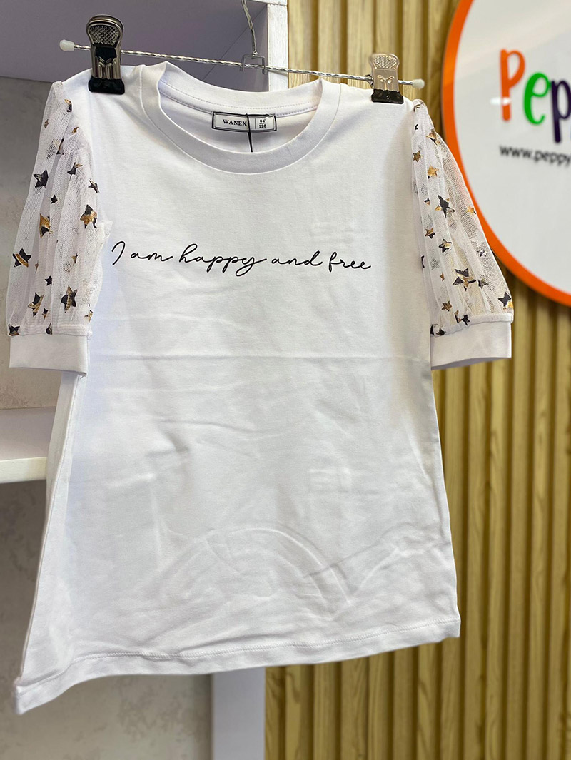 White "Happy and Free" T-Shirt with Star Mesh Sleeves